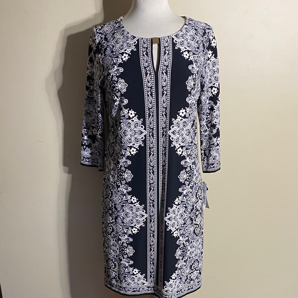 Black and White Lace-Print Shift Dress